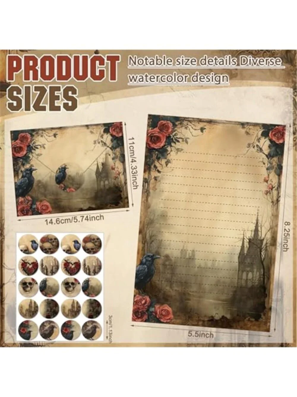 160 Pcs Gothic Stationery Paper and Envelopes Set, 5.5 x 8.25''
